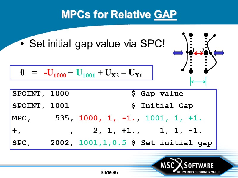 Slide 86 MPCs for Relative GAP Set initial gap value via SPC! 1 2
